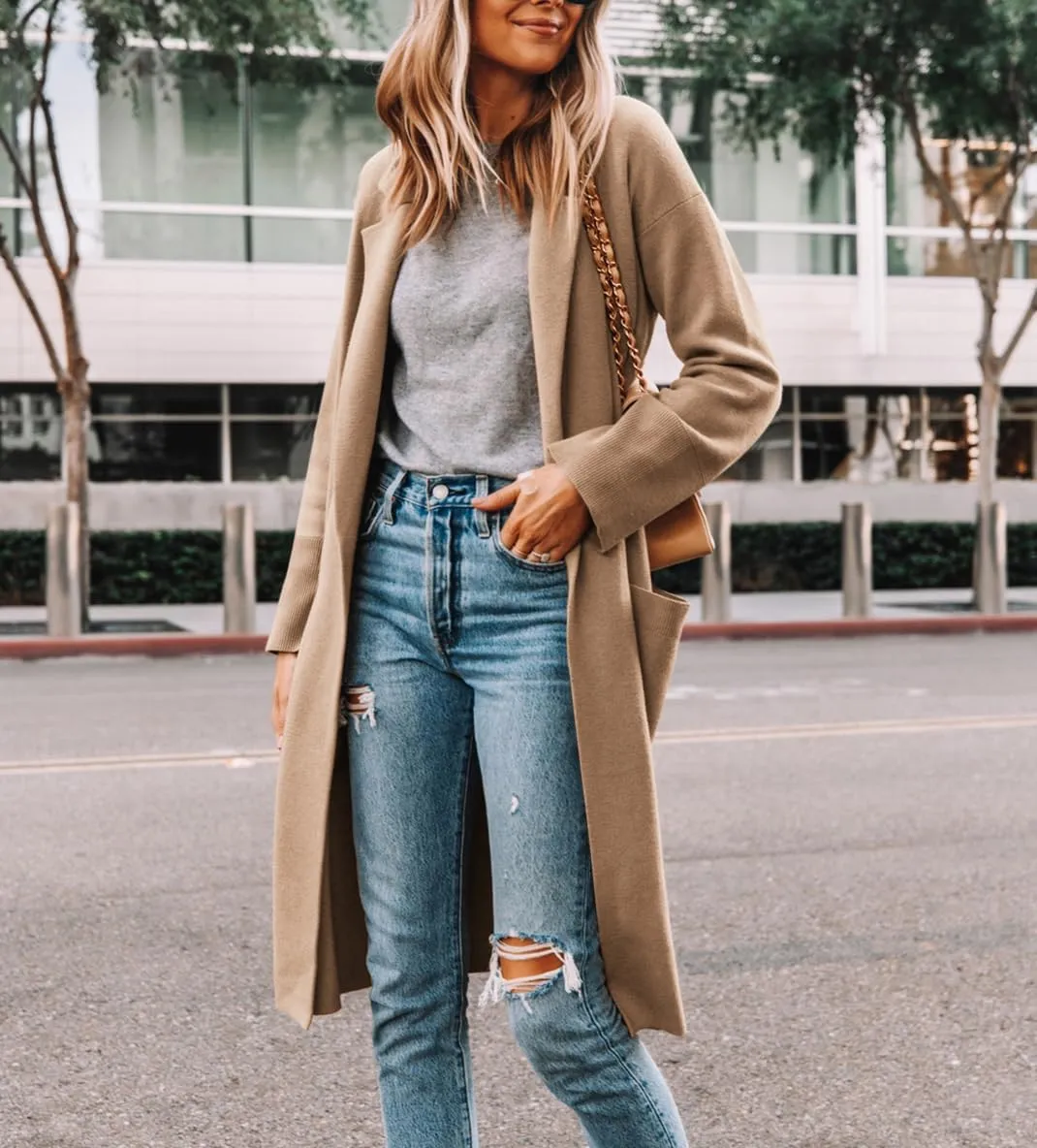 Yousify Cardigan for Women 2024 Open Front Knit Fall Sweaters with Pockets Coatigan Lapel Blazer Coats