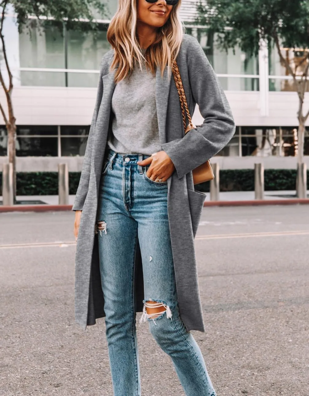 Yousify Cardigan for Women 2024 Open Front Knit Fall Sweaters with Pockets Coatigan Lapel Blazer Coats