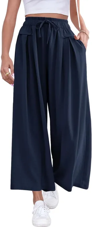 ZJCT Wide Leg Palazzo Pants for Women Summer Beach Pants Flowy Loose Casual Lounge Pajama Yoga Pants with Pockets