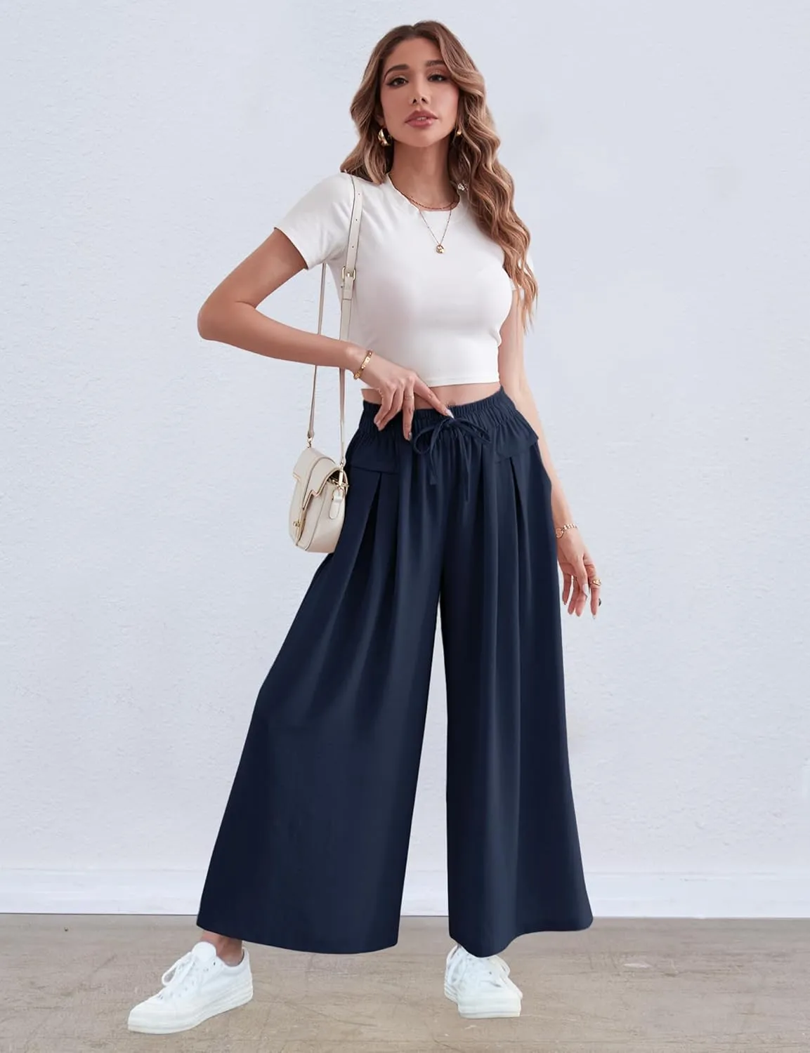 ZJCT Wide Leg Palazzo Pants for Women Summer Beach Pants Flowy Loose Casual Lounge Pajama Yoga Pants with Pockets