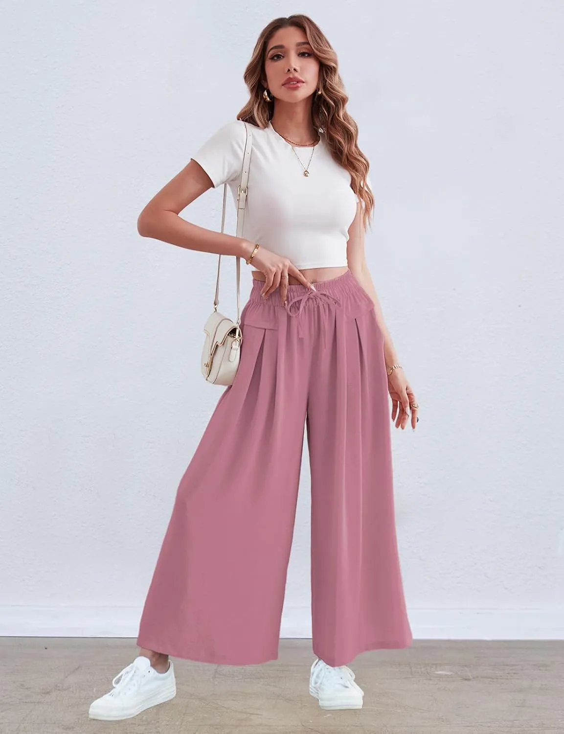ZJCT Wide Leg Palazzo Pants for Women Summer Beach Pants Flowy Loose Casual Lounge Pajama Yoga Pants with Pockets