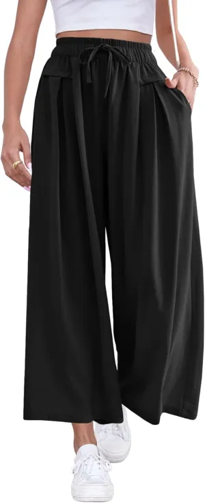 ZJCT Wide Leg Palazzo Pants for Women Summer Beach Pants Flowy Loose Casual Lounge Pajama Yoga Pants with Pockets