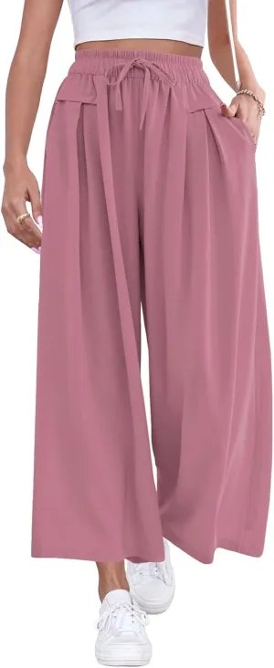 ZJCT Wide Leg Palazzo Pants for Women Summer Beach Pants Flowy Loose Casual Lounge Pajama Yoga Pants with Pockets