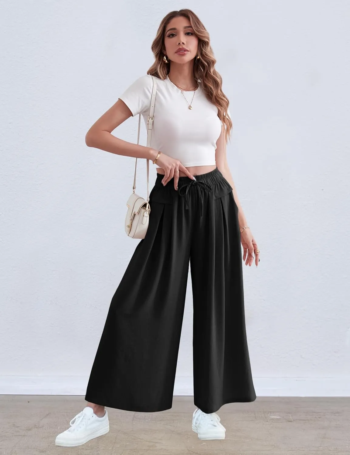 ZJCT Wide Leg Palazzo Pants for Women Summer Beach Pants Flowy Loose Casual Lounge Pajama Yoga Pants with Pockets