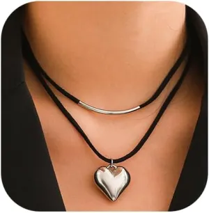 ZMANYIJEW Chunky Heart Necklace for Women Gold Silver Puffy Heart Pendant Choker Layered Boho Necklace Jewelry