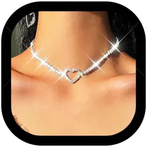 Zoestar Rhinestone Choker Necklace Gorgeous Crystal Necklaces Heart Neck Chain Jewelry for Women